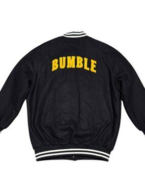 BUMBLE Social Dating App Black LETTERMAN Bomber Varsity Jacket Mens Small Rare